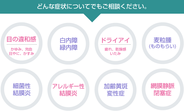 目のかすみ、見づらさ、かゆみ、充血、目やに、疲れ、乾燥感、いたみ、なみだ目など